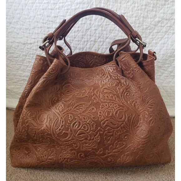 ISADORA ITALY Cuoio Tooled GENUINE Leather Large Bag Tote Purse Tan/BrownZip